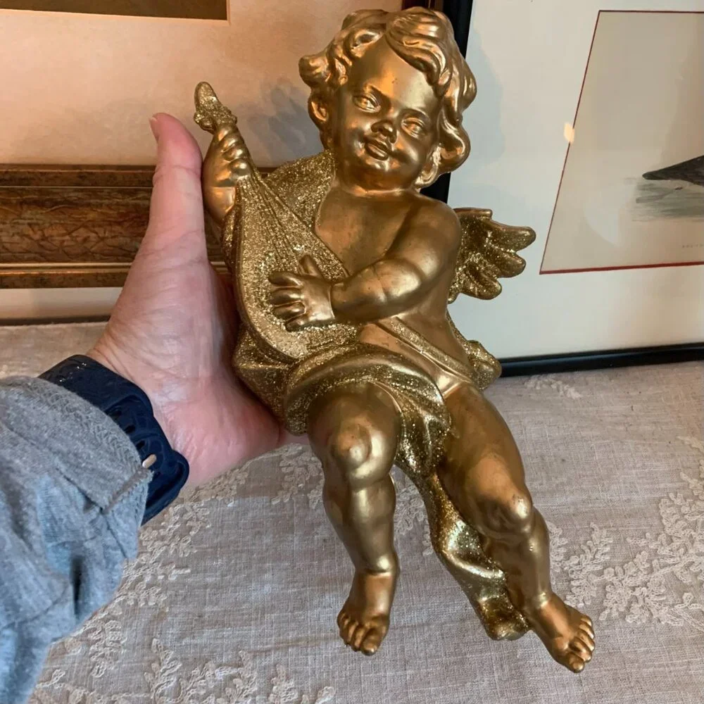 Angel/Cherub Hanging Ornament Vintage Adorable Large Plastic Gold Glittered